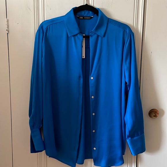 Zara Tops - NWT- Zara Satin Effect Basic Shirt - Electric Blue -Size S